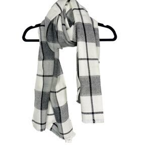 New Talbots Cream Gray Black Windowpane Plaid Scarf Shimmer Wool Blend Fringe